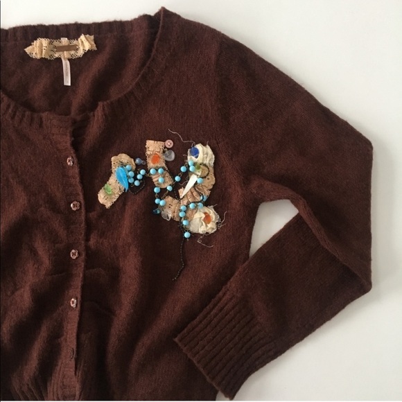 Free People Cropped Embellished Cardigan Wool S - Picture 8 of 8